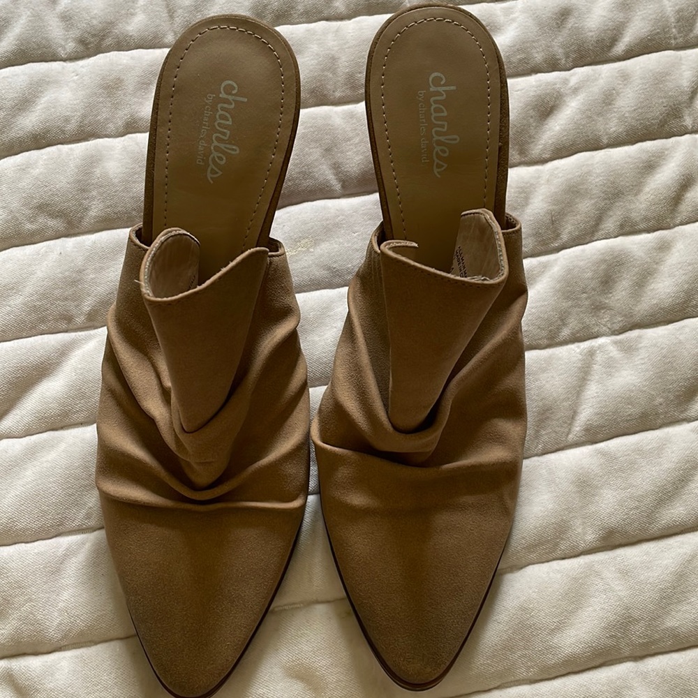 Two inch tan heels, velvety feel
